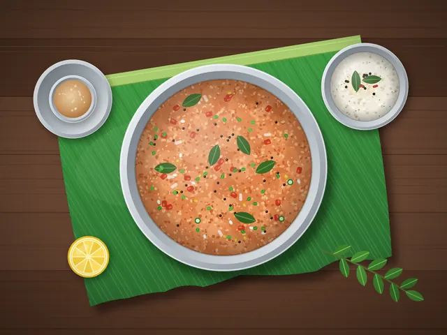 Orange-red tomato upma with curry leaves in a bowl on a banana leaf